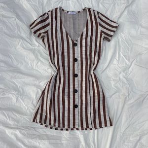 Zara Brown and Cream Striped Button Up Short Sleeve Mini Dress Natural